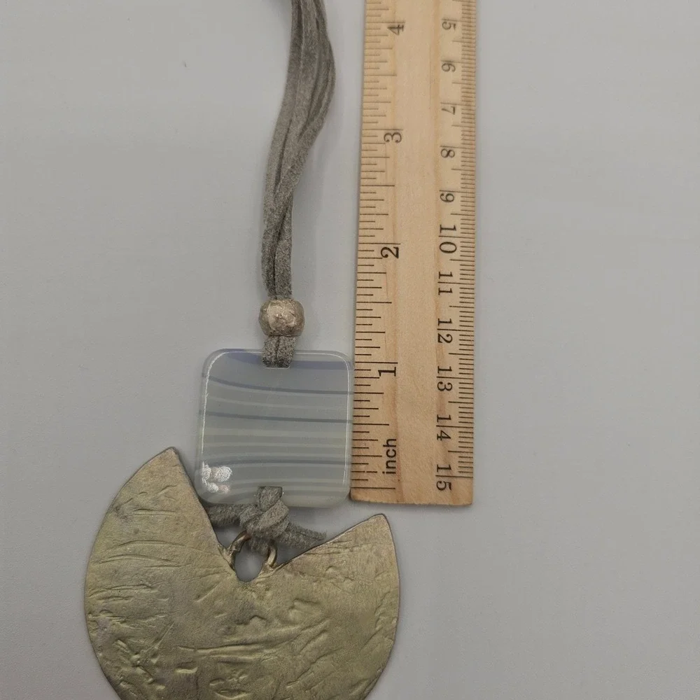 Handmade‎ Pendant Necklace Gray Glass Metal Suede Cord Geometric Boho